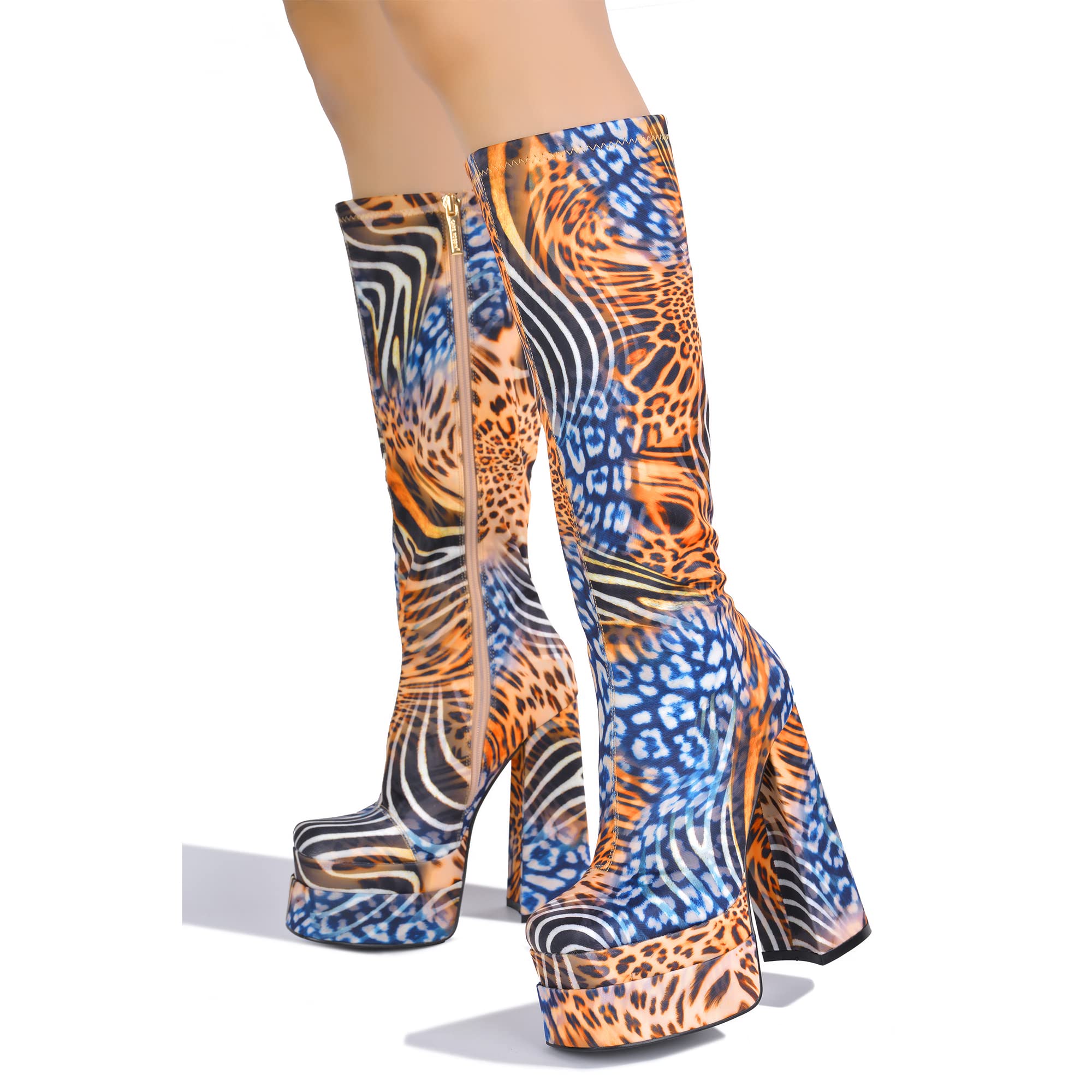 Cape Robbin Prisma Mid Calf Platform Boots, Square Toe Knee High Chunky Block Heel, Fashion Dress Boots for Women - Animal Print