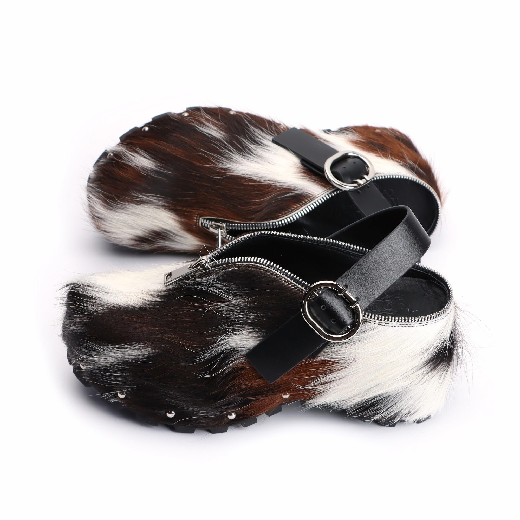 XOBZJH Women’s Natural Cow Print Fur Platform Clogs with Decorative Zipper & Adjustable Buckle Strap – Western Slip-On Punk Rivet Mules with Arch Support, Chunky Retro Rustic Style