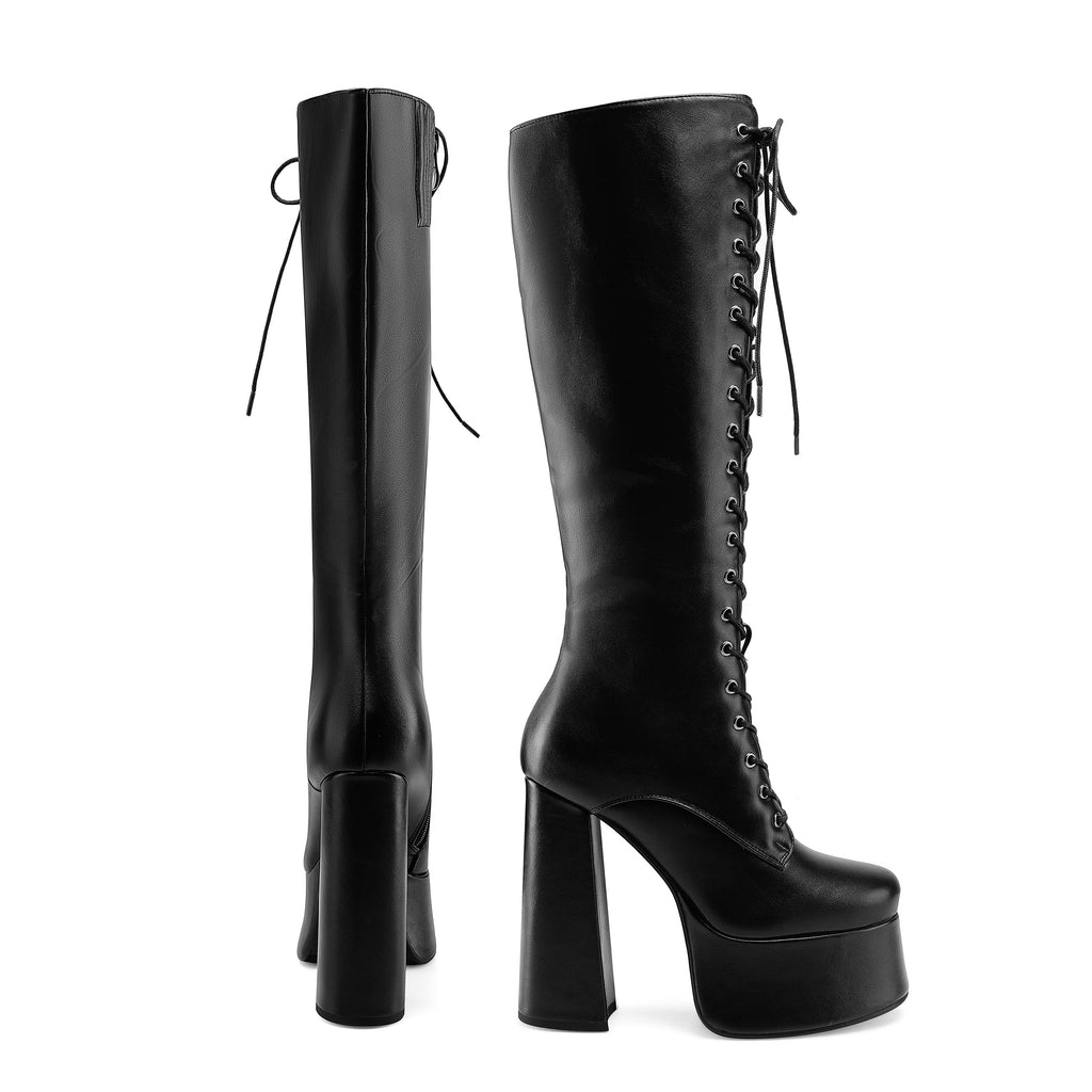 Black Perisis Women's High Chunky Heel Platform Knee High Boots