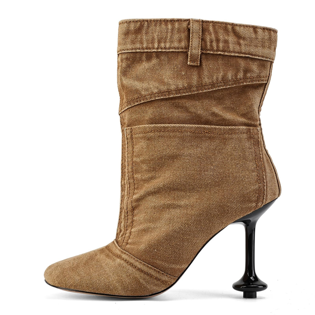 Fuazuzu Vintage Denim Stiletto High Heeled Cowboy Pockets Boots for Women, Mid Wide Calf Round Toe with Metal Button for Fashion Dress Booties, Brown 8