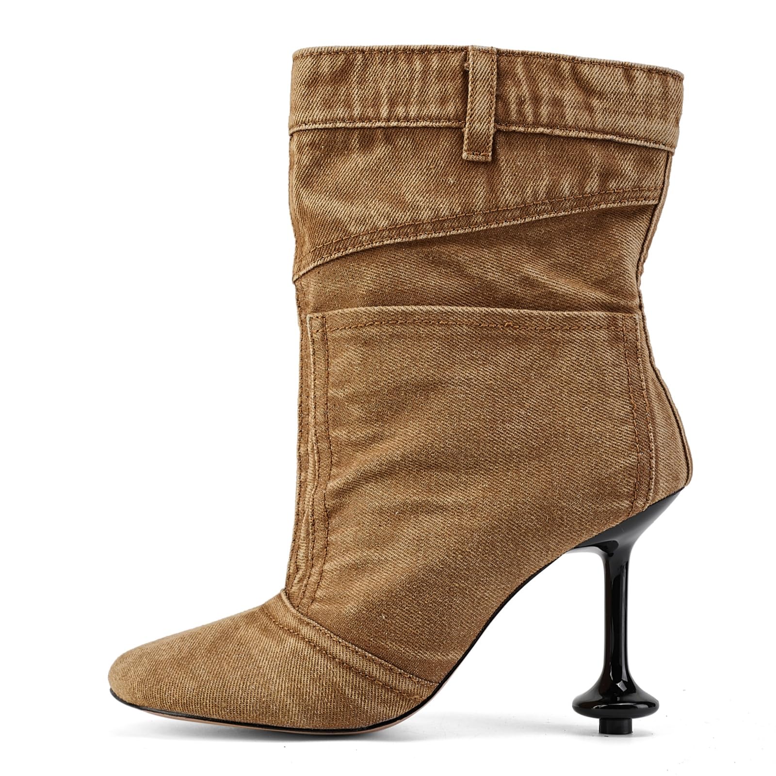 Fuazuzu Vintage Denim Stiletto High Heeled Cowboy Pockets Boots for Women, Mid Wide Calf Round Toe with Metal Button for Fashion Dress Booties, Brown 8