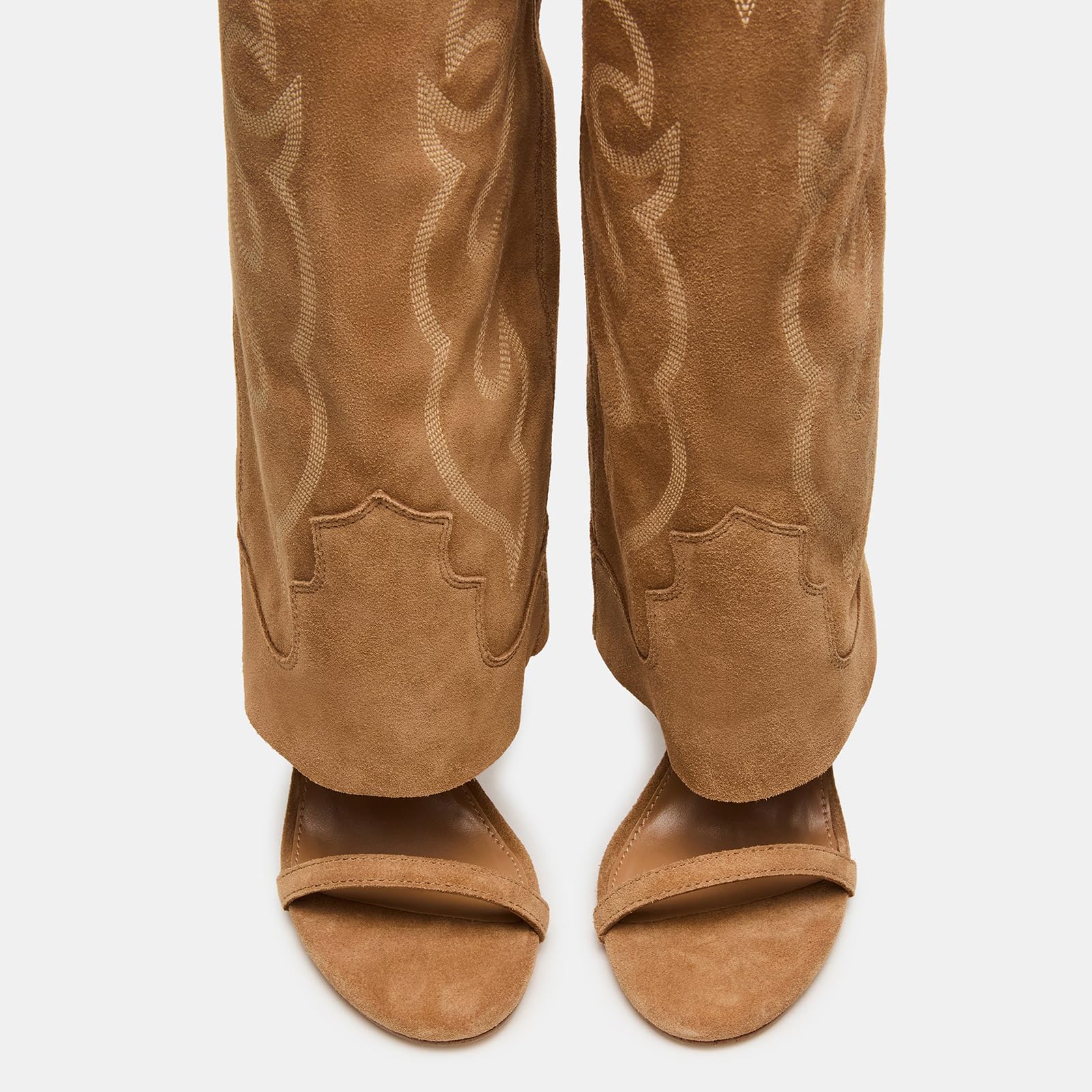 Yishaweiqi Embroidered Camel Suede Knee High Heels for Women Round Open Toe Stiletto Heels Pull On Wide Calf Sandals