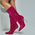 Women's Fuchsia Denim Mid Calf Boots sparkly Rhinestone Stiletto Heel Boots Western Wide Calf Short Cowboy Boots Sexy Pointed Toe dress Party Boots