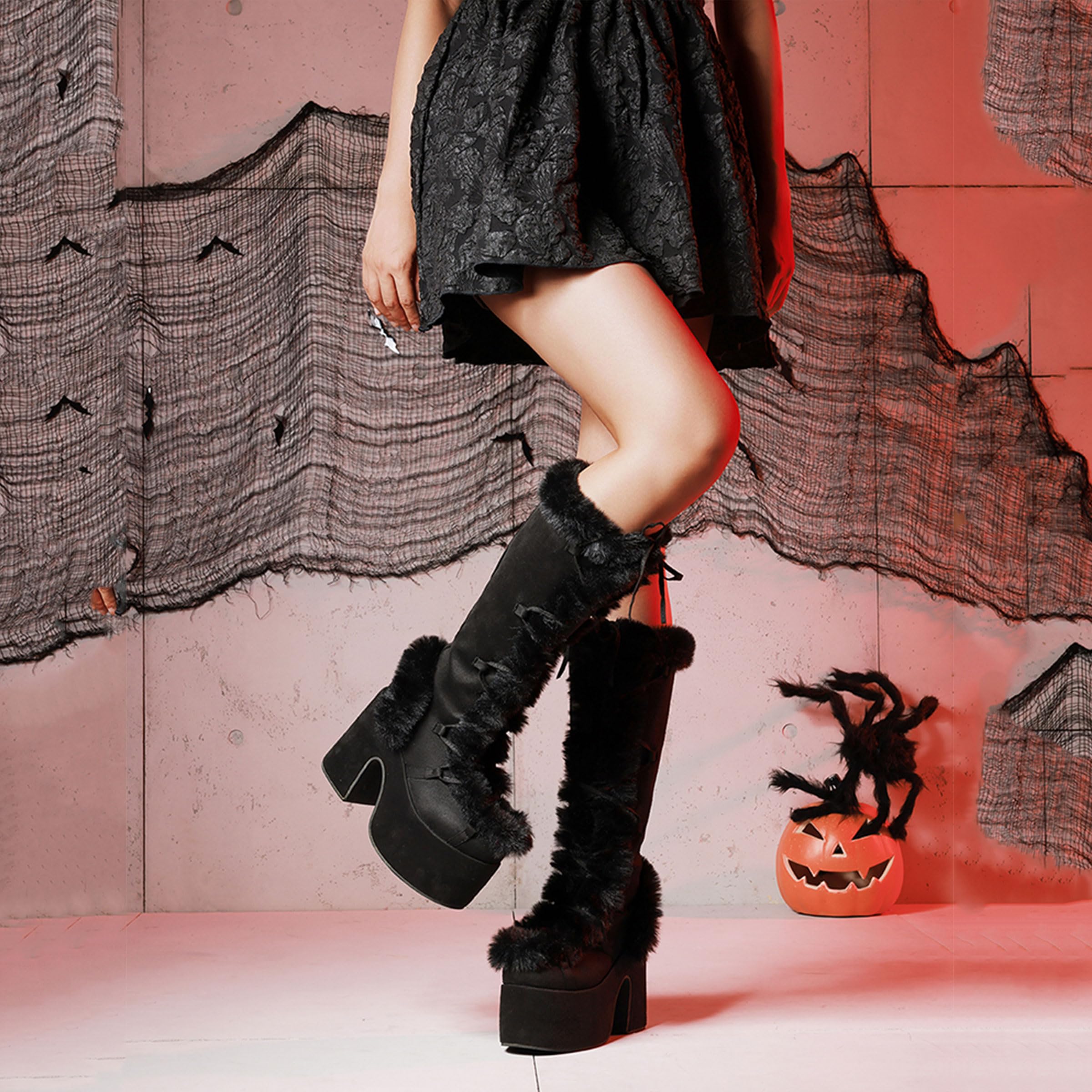 Accloris Black Platform Knee High Boots For Womens Warm Faux Fur Lace Up Side Zipper Chunky Heel Punk Goth Winter Snow Mid Calf Boots