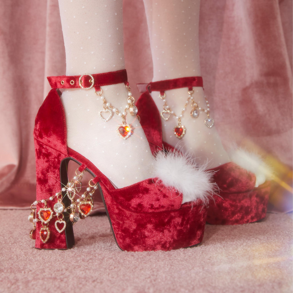 Dolls Kill Holy Revelation Platform Heels by Sugar Thrillz - Crushed Velvet Holiday Heels with Charms and Pom Pom Clips - Ruby, 10