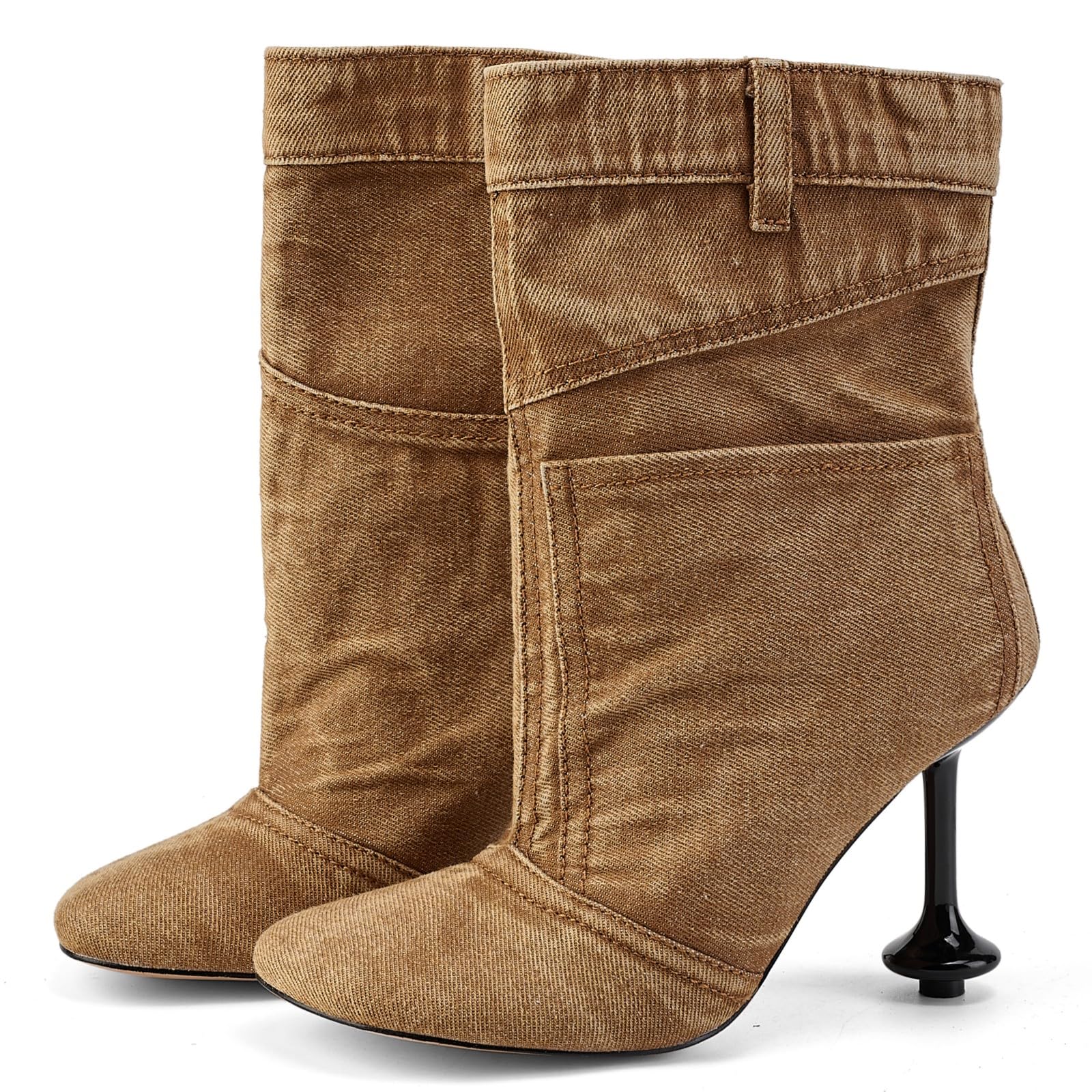 Fuazuzu Vintage Denim Stiletto High Heeled Cowboy Pockets Boots for Women, Mid Wide Calf Round Toe with Metal Button for Fashion Dress Booties, Brown 8