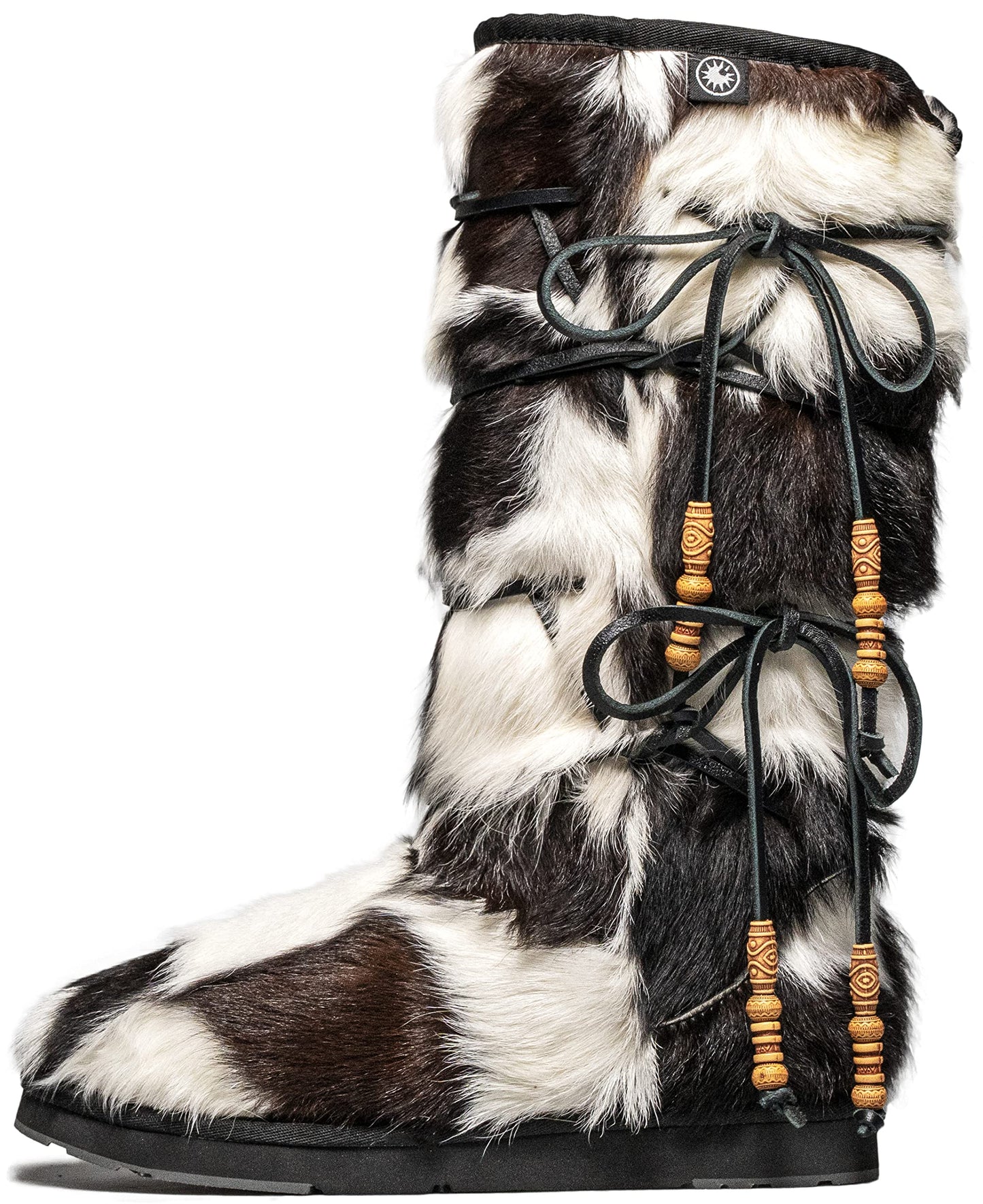 AU&MU AUMU Women Sheepskin Fur Wooden Bead String Stylish Knee High Winter Snow Boots Black