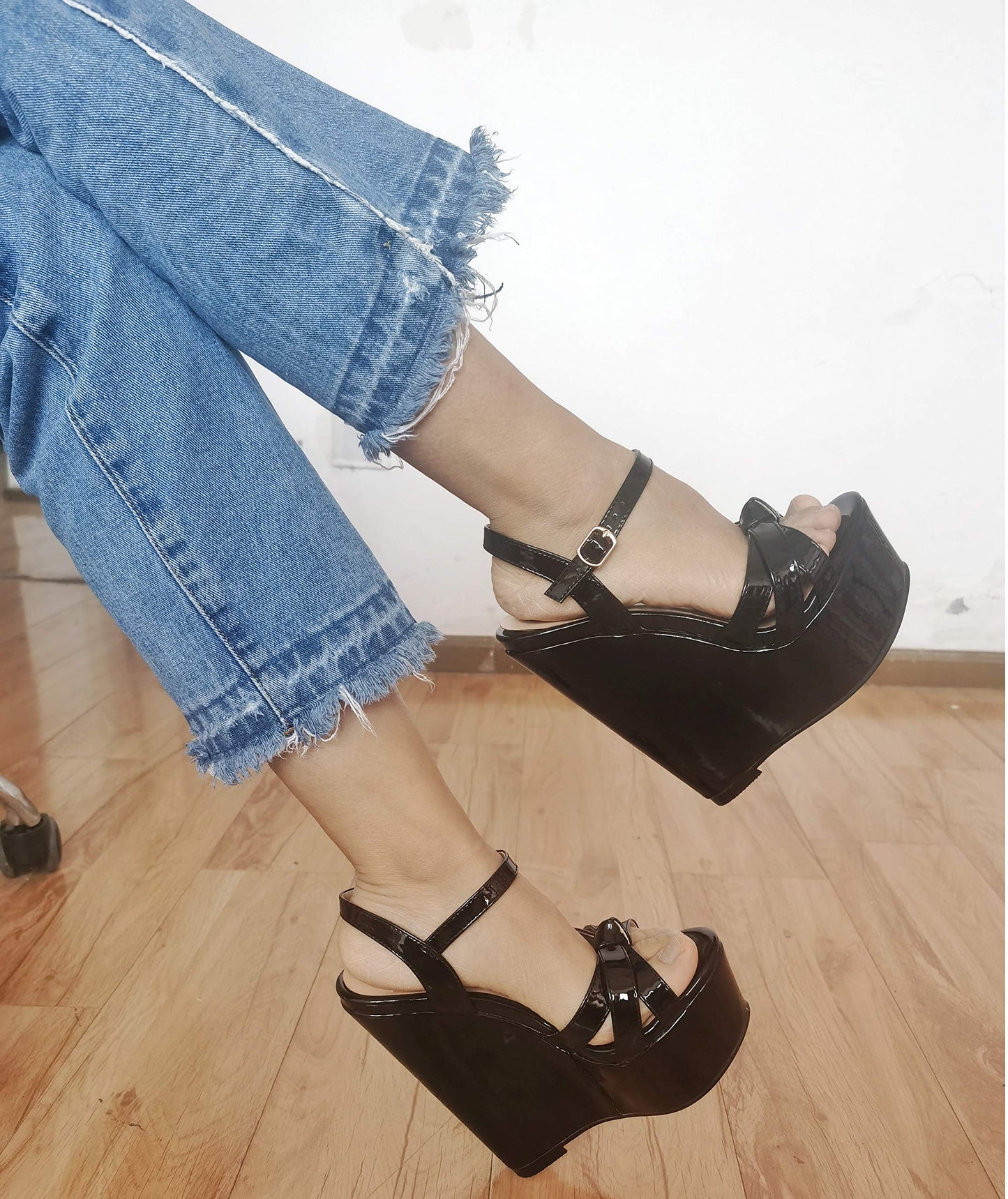 YODEKS Womens Platform Wedges High Heels Sandals Ankle Strip Open Toe Classic Summer Black Sandals 8 M US