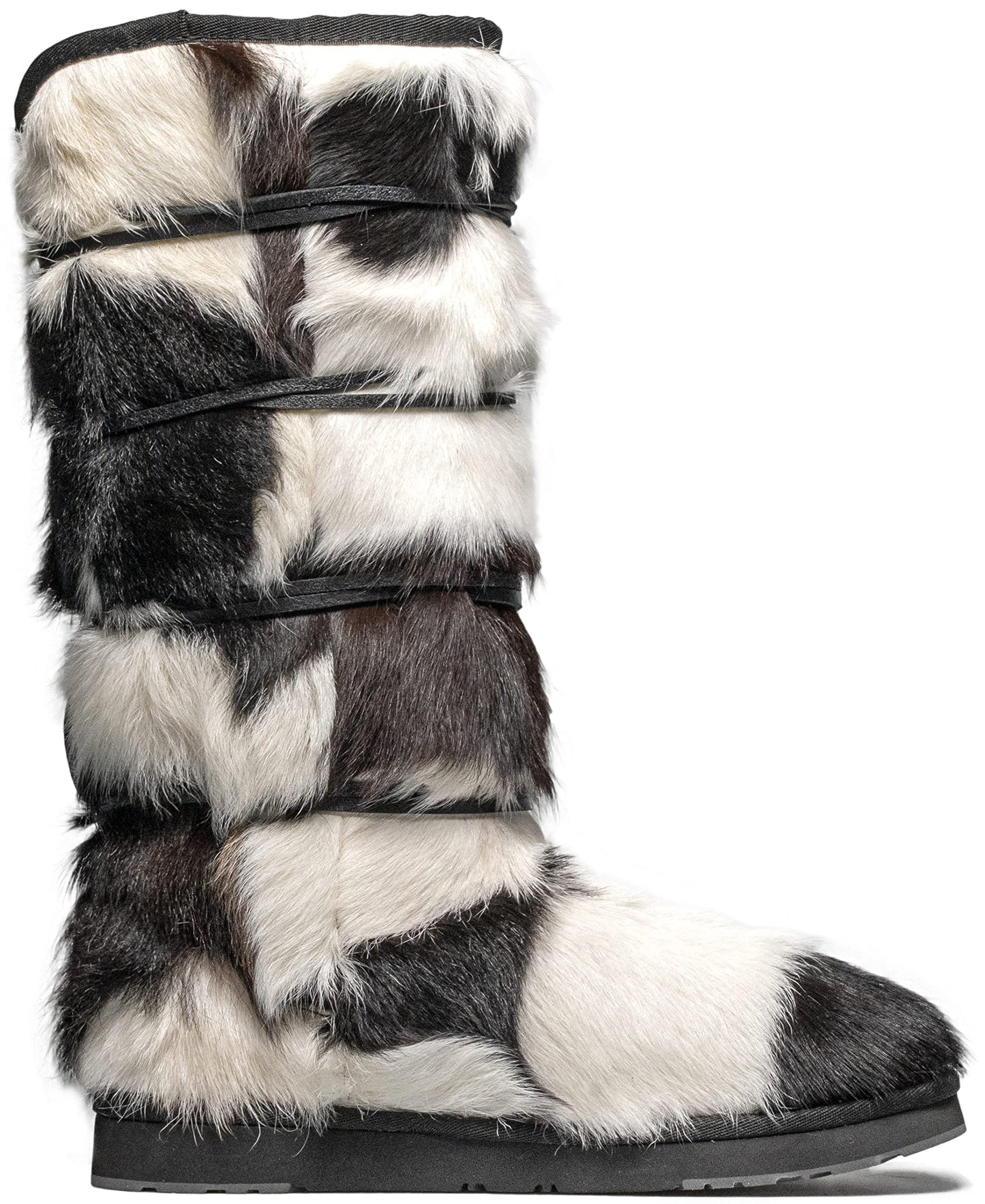 AU&MU AUMU Women Sheepskin Fur Wooden Bead String Stylish Knee High Winter Snow Boots Black
