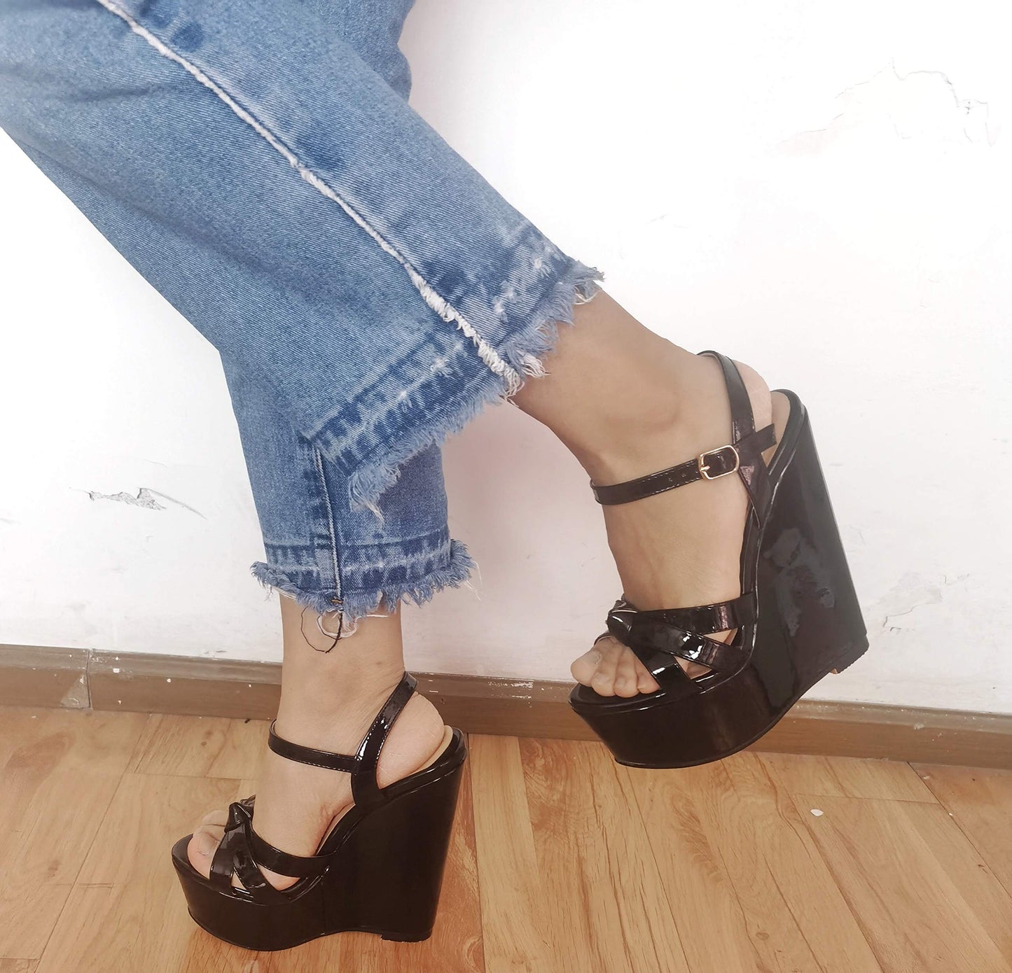 YODEKS Womens Platform Wedges High Heels Sandals Ankle Strip Open Toe Classic Summer Black Sandals 8 M US