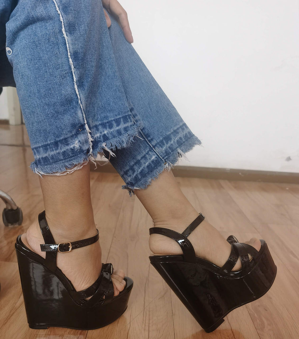 YODEKS Womens Platform Wedges High Heels Sandals Ankle Strip Open Toe Classic Summer Black Sandals