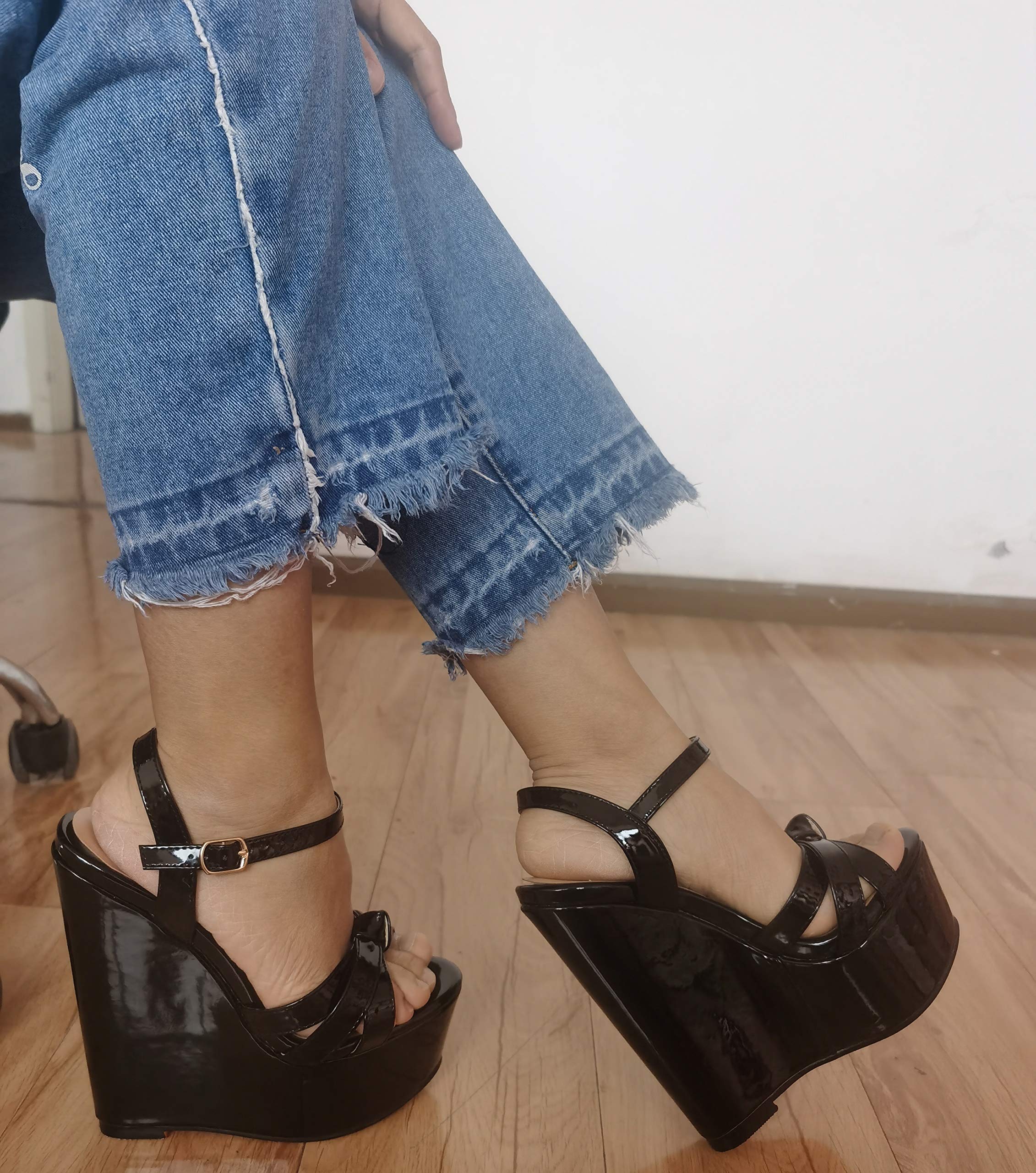 YODEKS Womens Platform Wedges High Heels Sandals Ankle Strip Open Toe Classic Summer Black Sandals