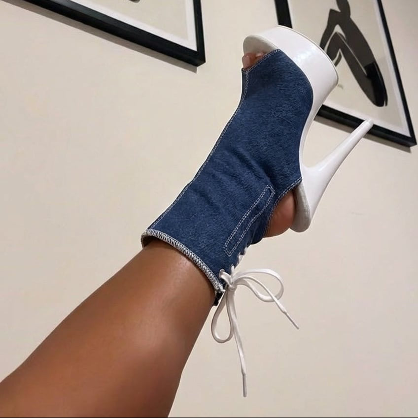 denova's Women's Canvas Very High Heel Lace Up Platform Pole Dance Ankle Boot with Zipper (12,Blue 3)