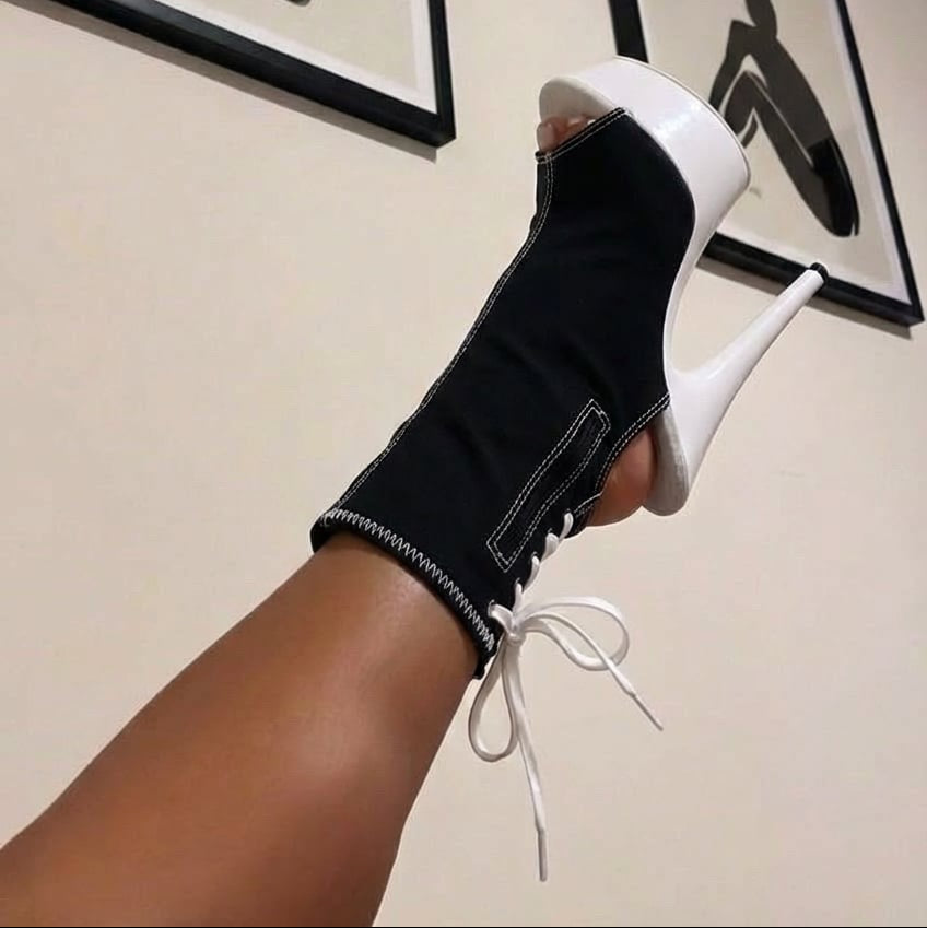 denova's Women's Canvas Very High Heel Lace Up Platform Pole Dance Ankle Boot with Zipper (12,Black 3)