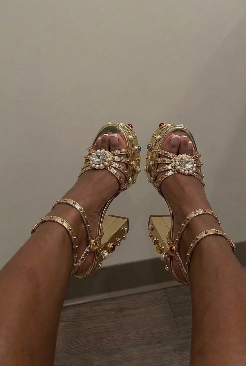 Gold Feinlina Women Rhinestone High Chunky Platform Heel