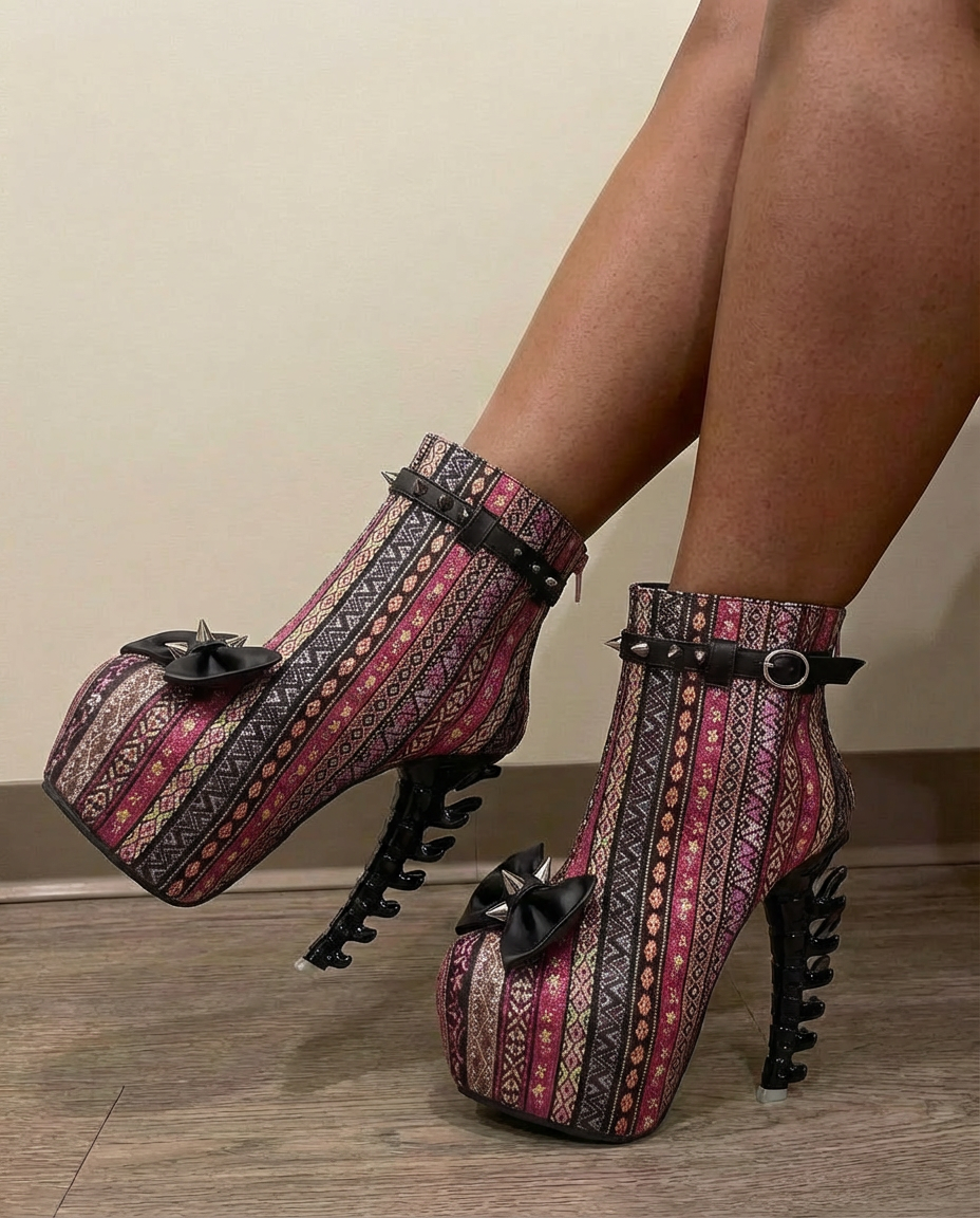 SHOW STORY Pink Punk Design High Heels Glittery Pattern Stripe Women's High-top Bone Hidden Platform Ankle Boots,LF80653CR41,10US,Pink