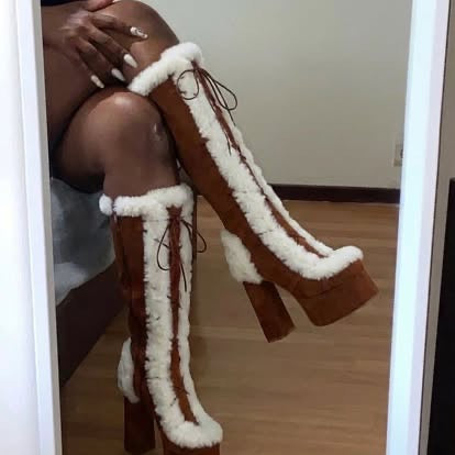 Brown Fur Perisis Women's High Chunky Heel Platform Knee High Boots