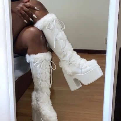 Accloris White Platform Knee High Boots For Womens Warm Faux Fur Lace Up Side Zipper Chunky Heel Punk Goth Winter Snow Mid Calf Boots