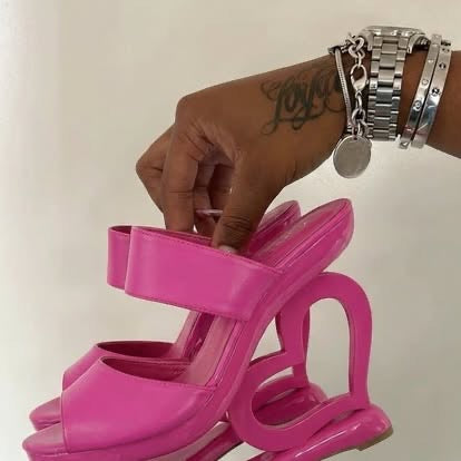 SHOW STORY Retro Pink Strappy Peep Toe Heart Shape High Heel Platform Party Sandals,LF40220HP35,4US,Pink