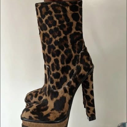 FSJ Women Platform Boots Closed Toe Thin Chunky Heel Side Zipper Double Platform Ankle Boots Punk Combat Mid Calf Boots Size 8 Leopart