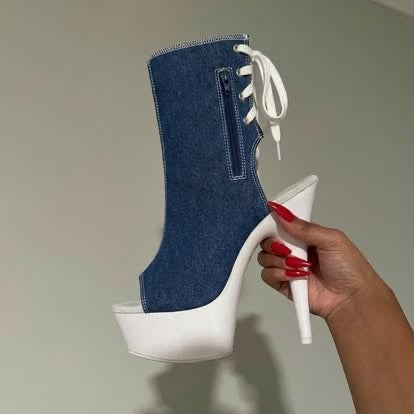 denova's Women's Canvas Very High Heel Lace Up Platform Pole Dance Ankle Boot with Zipper (12,Blue 3)