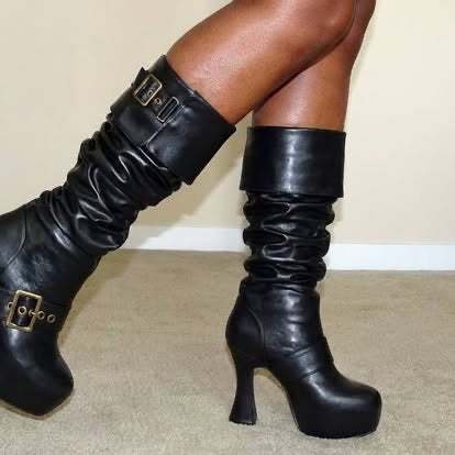 Dolls Kill Ren Faire Plat. Slouchy Boot by Trickz N’ Treatz – Women’s Vegan Leather Platform Boots with Buckles, Black, 10