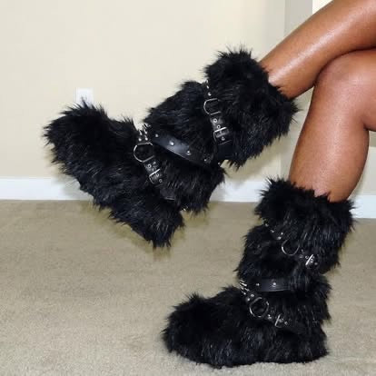 Dolls Kill Wild Instincts Faux Fur Boots by Club Exx – Women’s Knee High Platform Boots with Buckle Straps, Black, 11