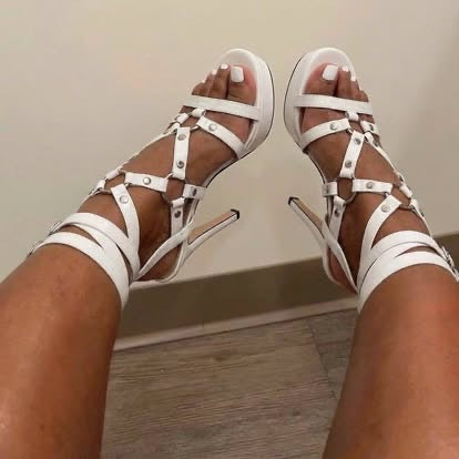 Only maker Open Toe Stiletto Heeled Platform Sandals for Women T-strappy Buckle up Rivet Studded Open-back Summer Sandals Embellished with Grommets White Size 14