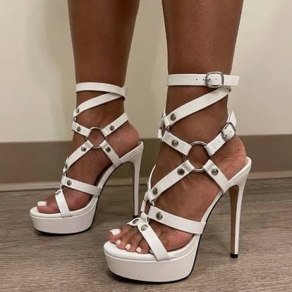 Only maker Open Toe Stiletto Heeled Platform Sandals for Women T-strappy Buckle up Rivet Studded Open-back Summer Sandals Embellished with Grommets White Size 14