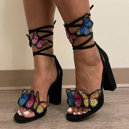 Strappy Sandals for Women Butterfly Ankle Wrap Block Heeled Sandals Open Toe Lace-up Chunky Heels Sandal Wedding Bride Dressy Pumps