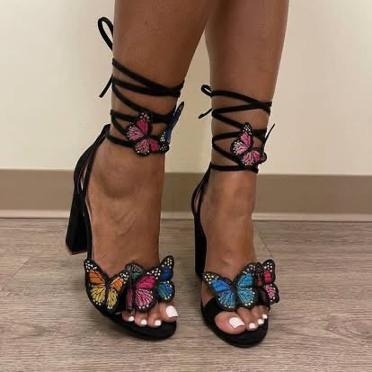 Strappy Sandals for Women Butterfly Ankle Wrap Block Heeled Sandals Open Toe Lace-up Chunky Heels Sandal Wedding Bride Dressy Pumps