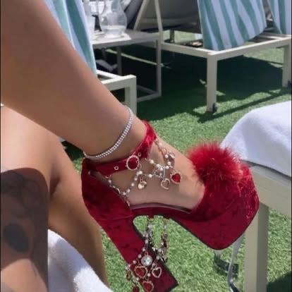 Dolls Kill Holy Revelation Platform Heels by Sugar Thrillz - Crushed Velvet Holiday Heels with Charms and Pom Pom Clips - Ruby, 10