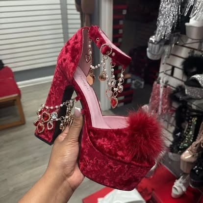 Dolls Kill Holy Revelation Platform Heels by Sugar Thrillz - Crushed Velvet Holiday Heels with Charms and Pom Pom Clips - Ruby, 10