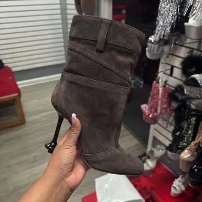 Fuazuzu Vintage Denim Stiletto High Heeled Cowboy Pockets Boots for Women, Mid Wide Calf Round Toe with Metal Button for Fashion Dress Booties,Chocolate 8