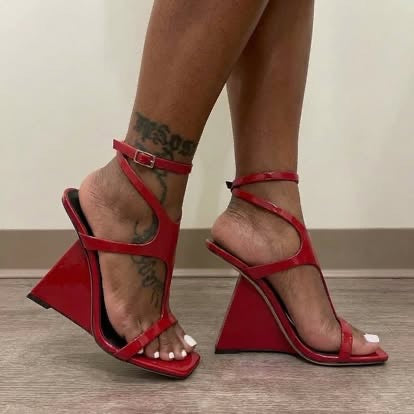 Kluolandi Women's Wedge Heeled Sandals Open Toe Criss-cross Strappy Sandals Heels Dress Shoes with Cut-out Design Red